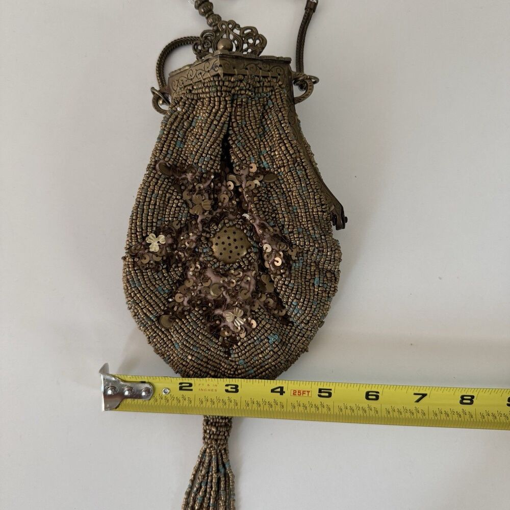 Antique 1920s Glass Beaded Victorian Flapper Purse Ornate Metal Frame W/ Mirror - Picture 12 of 12